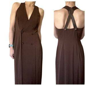 Vtg Kenar Studio Brown V-Neck Sleeveless Leather Strap Maxi Boho Formal Dress